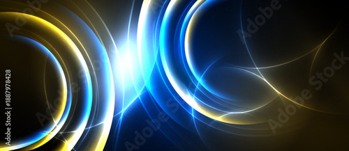 Abstract design features vibrant blue, gold curves. Bright light emanates from center, creating dynamic energy. Dark background enhances luminosity.
