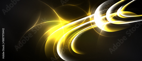Abstract golden lines swirl, creating dynamic light effects against dark background. Bright curves suggest energy, motion, depth.