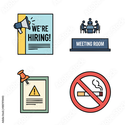 Diverse professional communication and regulatory signs for business environments vector illustration collection providing essential workplace