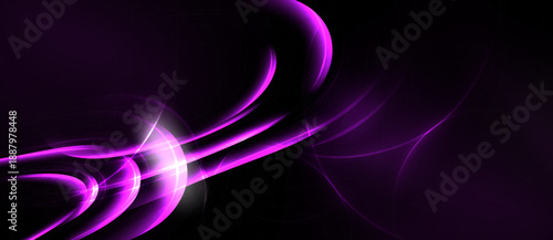 Abstract purple swirls, dynamic lines, bright glow. Dark background creates dramatic visual impact, modern design element.