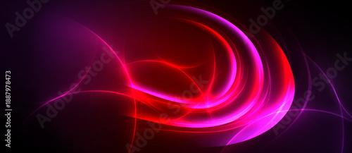Abstract swirls, vibrant reds, pinks dominate dark background. Flowing lines create dynamic, energetic visual impact.