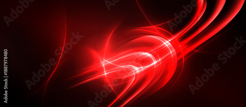 Abstract red energy flows, dynamic lines, bright illumination. Dark background emphasizes vibrant curves, creating intense visual impact.