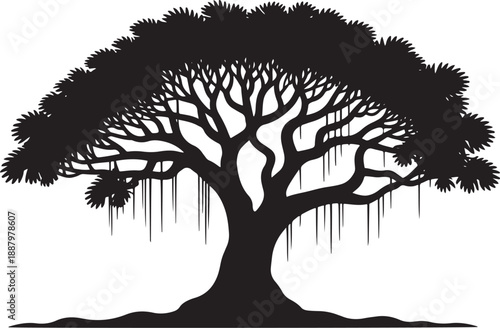 Collection of minimalist black tree silhouettes including pine spruce and deciduous leafy varieties isolated on white background for nature forest landscape logo graphic branding design