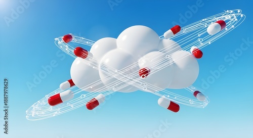 Ilustración digital de nubes y cápsulas que representan la farmacia en línea y la tecnología sanitaria moderna sobre fondo azul.