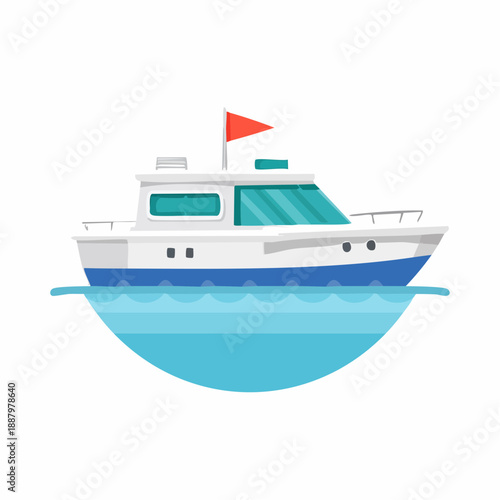 Cartoon yacht with a red flag sailing on calm blue water