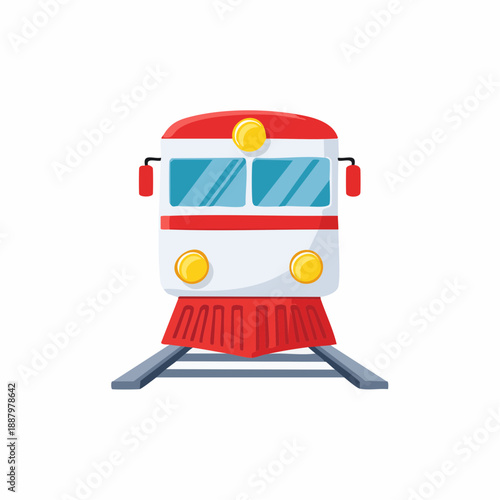 Front view of a cartoon train on tracks, ready for passenger travel, in a colorful vector illustration