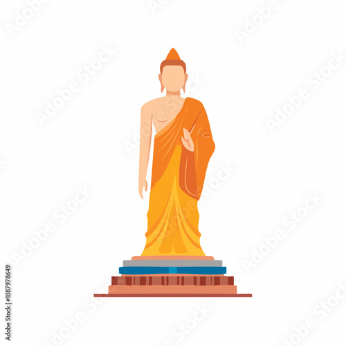 Illustrated Buddha statue in standing pose, spiritual figure on tiered base.