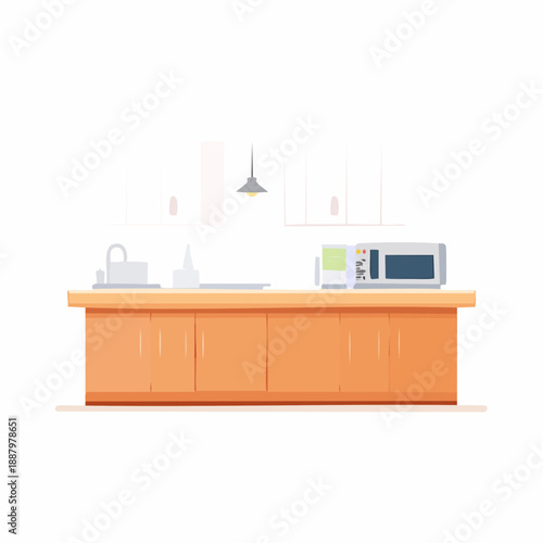 Minimalist kitchen interior illustration with cabinets, sink, and microwave oven design.