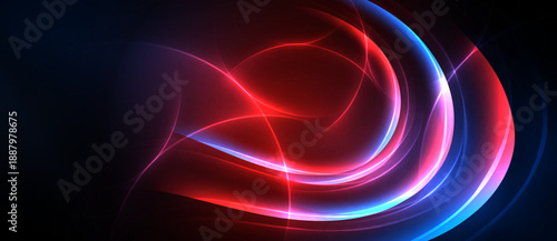 Abstract flowing lines, vibrant red, blue hues. Dynamic energy radiates from dark background. Smooth curves create captivating visual effect.