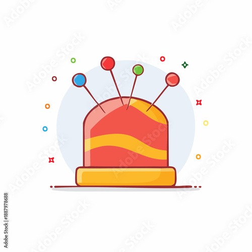 Illustration of a cartoon pincushion with colorful pins for sewing or crafting