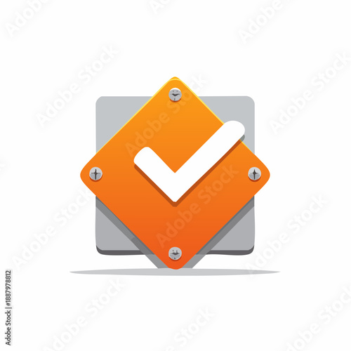 Orange diamond with check mark and screws, successful project or task completion symbol