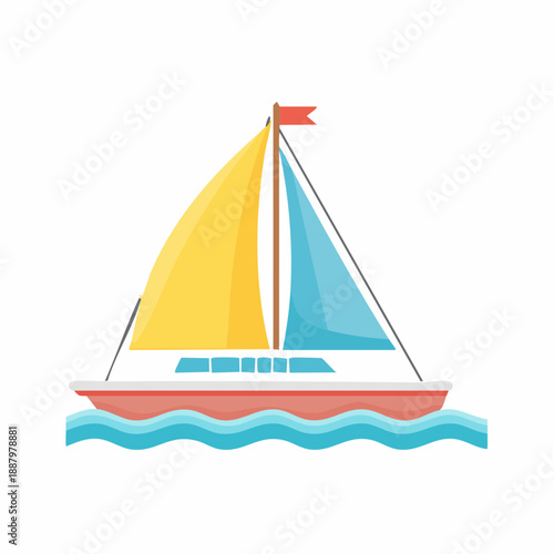 Cartoon sailboat on water with yellow and blue sails, red flag and hull