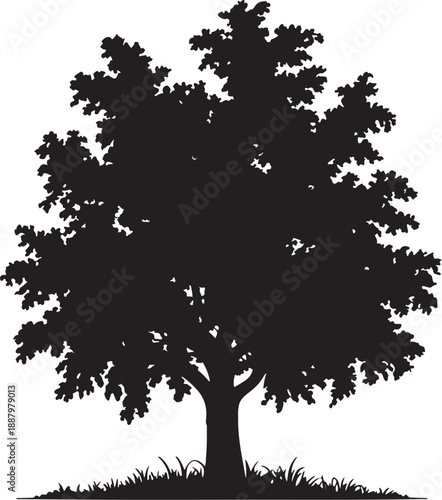 A black silhouette of a sturdy maple tree with a wide canopy and thick trunk growing on a grassy mound isolated on a white background