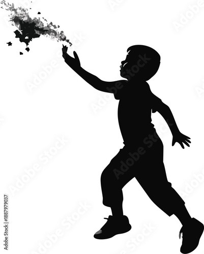 Silhouette Of A Boy Throwing A Handful Of Powder Paint Into The Air