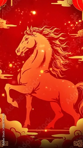 Vibrant Chinese New Year Celebration Featuring Illuminated Red Lanterns and Majestic Stallions in Traditional Art Style