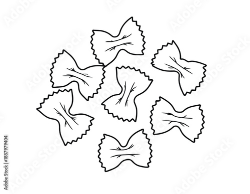 Illustration of six bowtie-shaped pasta pieces, outlined in black on a white background. The playful, simple design suggests a light, whimsical tone.