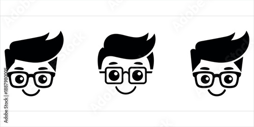 Set of three identical happy cartoon boy faces with stylish hair and square framed glasses vector.