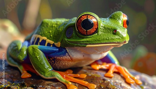 A vibrant, close-up photograph captures a tree frog resting on a mottled surface, showcasing its vivid colors and captivating eyes