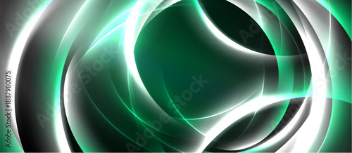 Abstract design features flowing lines, vibrant green hues, white illumination. Dynamic composition creates modern aesthetic. Smooth gradients suggest movement.