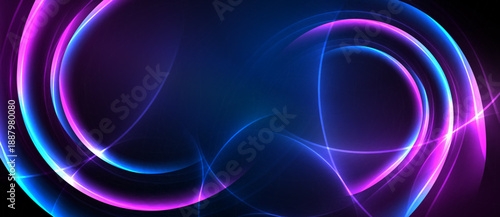 Abstract neon lights form swirling shapes. Vivid blue, purple, pink hues create dynamic energy, modern design. Dark background emphasizes luminosity.