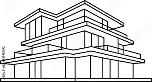 Multi-story modern building perspective line art drawing, commercial or residential architecture  illustration vector,