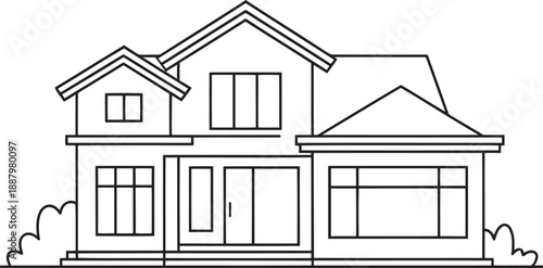 Modern two story house exterior outline drawing, simple cartoon building vector illustration