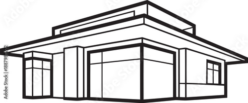 Modern single story commercial building perspective line art drawing, contemporary architecture illustration vector