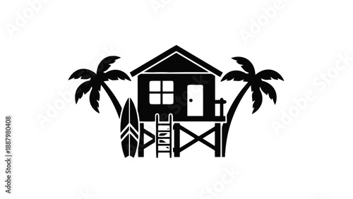Vector illustration of a classic beach house with palm trees and surfboard, on transparent background