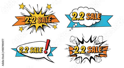 Vibrant pop art style sale banners and comic speech bubbles for e-commerce promotions isolated vector illustration for promotional marketing assets