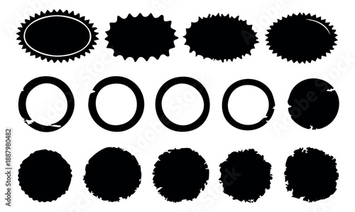 Black grunge frames and circles collection on white