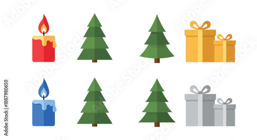 Festive holiday icons depicting candles christmas trees and wrapped gifts