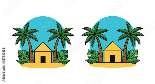 Two identical tropical scenes featuring a palm tree and beach hut