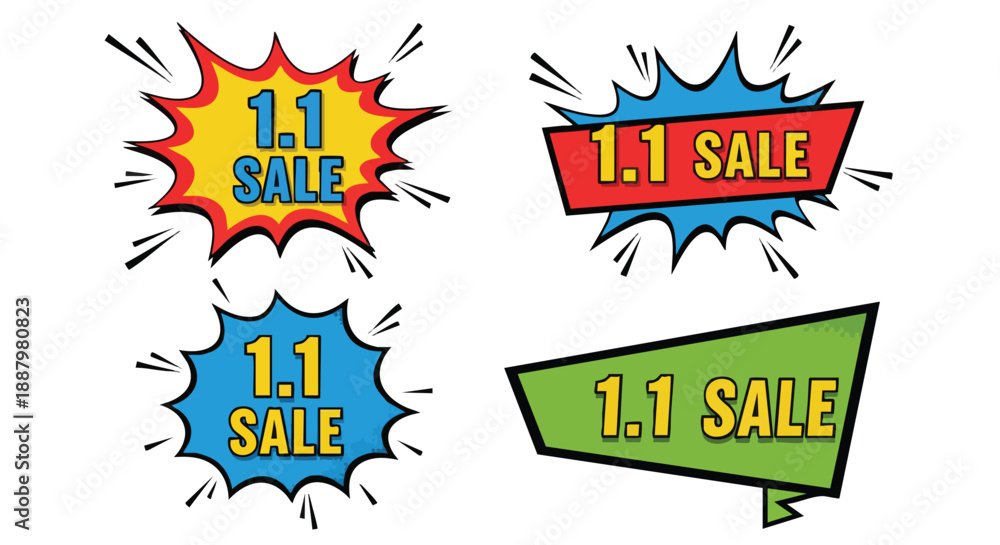 Fototapeta premium Dynamic comic-style 1.1 sale banners on a clean white background an eye-catching vector illustration for promotional marketing campaigns