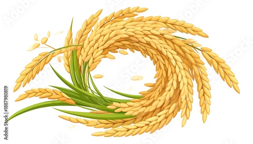 A vibrant, close-up rendering of golden grains arranged in a circular design, with lush green leaves and loose seeds scattered around