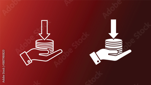Hands receiving stacks of coins with arrows indicating income or payment in simple line art style on gradient red background