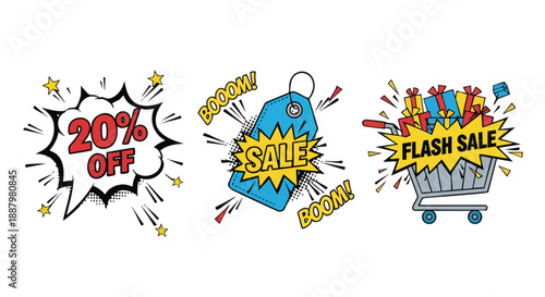 Comic pop art style sale and discount promotion elements on a white background for e-commerce marketing design