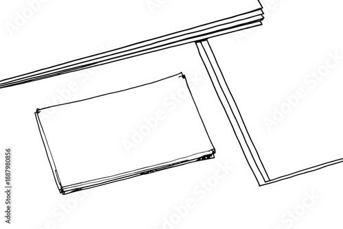 Ink drawing of overlapping sheets of paper, one stack and one single sheet, on a flat surface. Minimalist style, suggesting simplicity and organization.