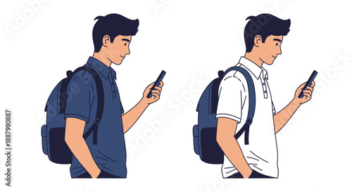 Two young men walking and using smartphones with backpacks