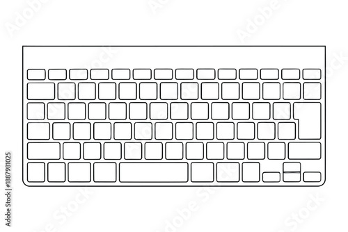 Line drawing of a minimalist computer keyboard, showing rectangular keys arranged uniformly. The design is simple, with a clean, uncluttered look.
