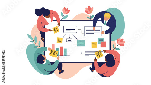 Diverse professionals collaborating on a project board, analyzing diagrams and flowcharts on a large whiteboard surrounded by abstract floral elements, illustrating the essential concept
