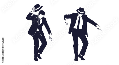 Two silhouetted men in suits tipping hats and gesturing with hands