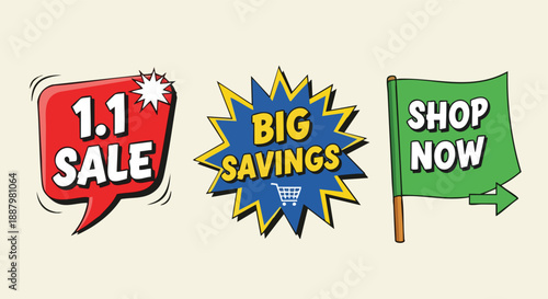 Promotional sale badges and shopping icons on a plain background for digital marketing and advertising content creation