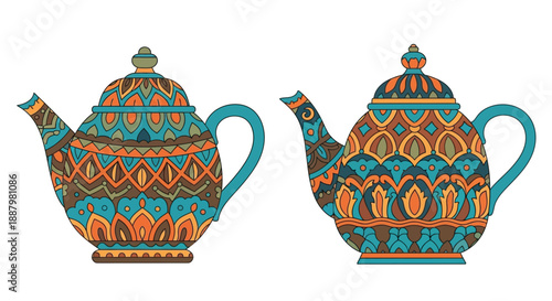 Two ornate teapots with colorful geometric patterns on a white background