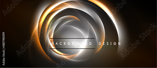 Abstract concentric circles, glowing orange, silver hues. Dark background enhances dynamic visual effect. Modern design element.