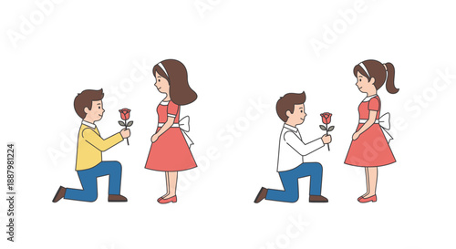 A man proposing to a woman depicted in a cartoon style with variations
