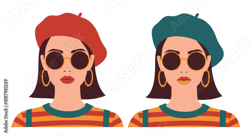 Two women wearing berets and sunglasses in a colorful illustration