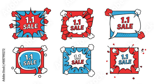 Vibrant 1.1 sale promotion labels in pop art style on a clean white background for digital marketing campaigns