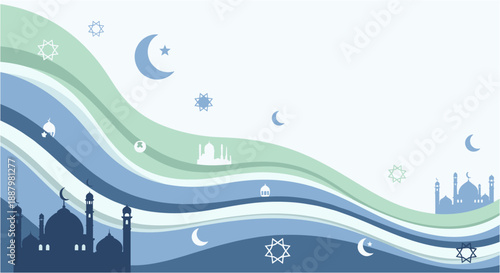Flat vector Islamic night background with flowing wave shapes, crescent moon, stars, and mosque silhouettes, calm modern style for Ramadan and spiritual designs.