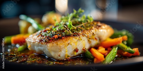 Grilled sea bass fillet with citrus glaze and sauteed vegetables, served on dark plate, upscale restaurant background blurred. Light and refined seafood entree.