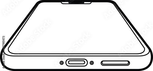 A black and white outline drawing of a smartphone from a low-angle perspective